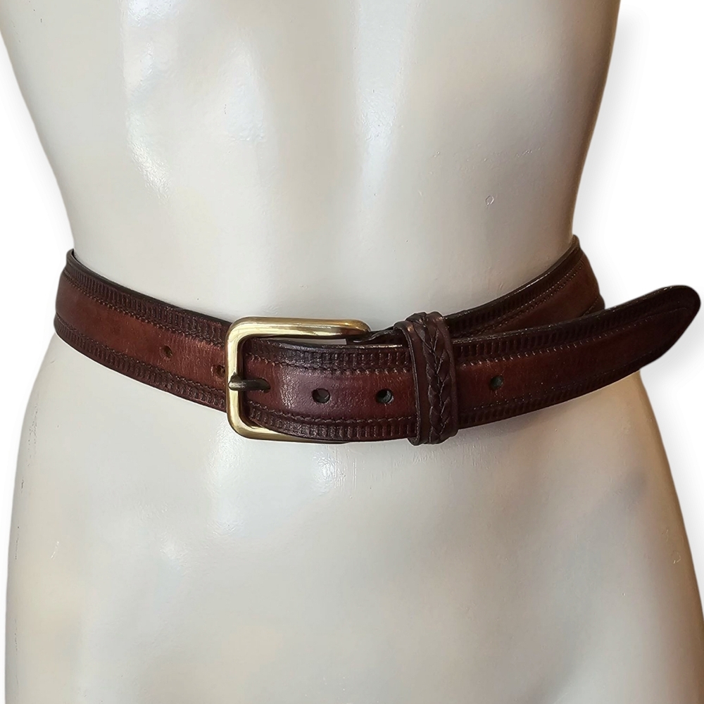 TRAFALGAR Men Brown Etched Edge Stitch Detail 1-1/4" Wide Leather Belt 36